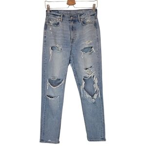 AMERICAN EAGLE Mom Jeans Ripped Blue Light Wash Women 0 Short Grunge 100% Cotton